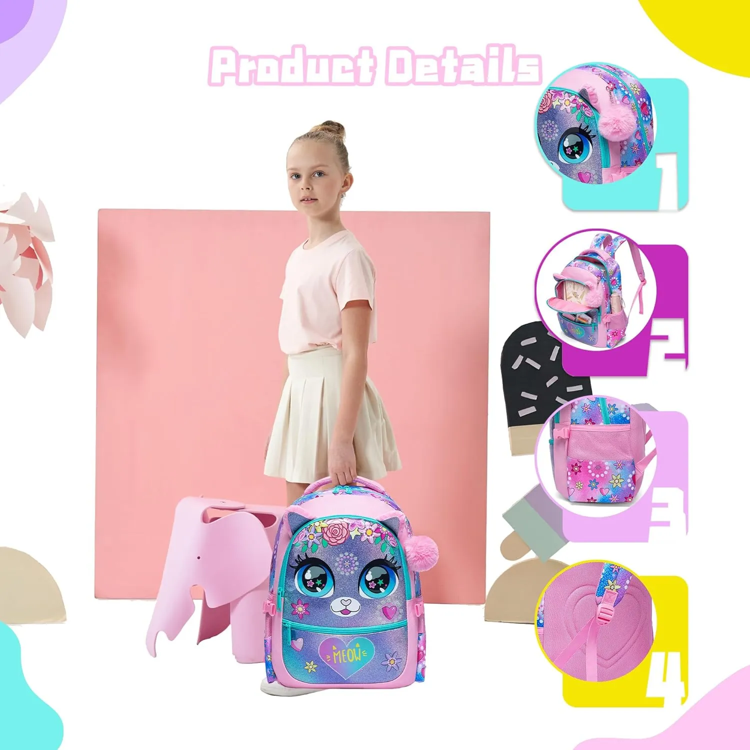 Meetbelify Backpacks for Girls School Bag Cute Girls Backpacks Ages 8-10 Kids Bookbag Set Travel Backpack for Preschool Kindergarten Elementary Students Backpack to School Supplies