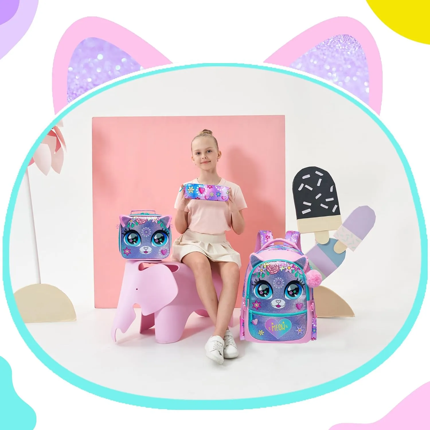 Meetbelify Backpacks for Girls School Bag Cute Girls Backpacks Ages 8-10 Kids Bookbag Set Travel Backpack for Preschool Kindergarten Elementary Students Backpack to School Supplies