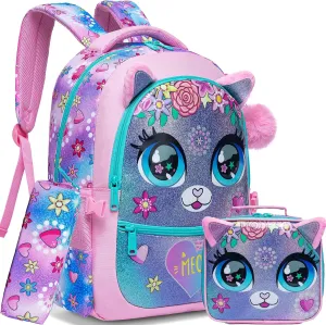 Meetbelify Backpacks for Girls School Bag Cute Girls Backpacks Ages 8-10 Kids Bookbag Set Travel Backpack for Preschool Kindergarten Elementary Students Backpack to School Supplies