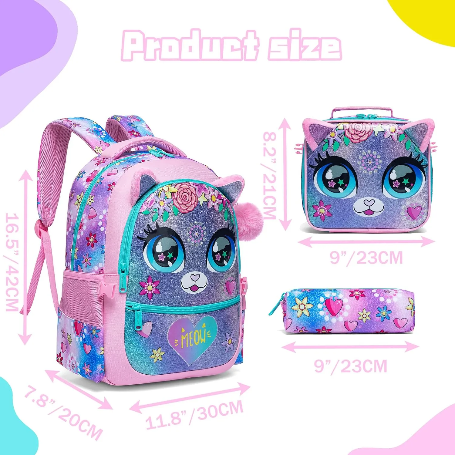 Meetbelify Backpacks for Girls School Bag Cute Girls Backpacks Ages 8-10 Kids Bookbag Set Travel Backpack for Preschool Kindergarten Elementary Students Backpack to School Supplies