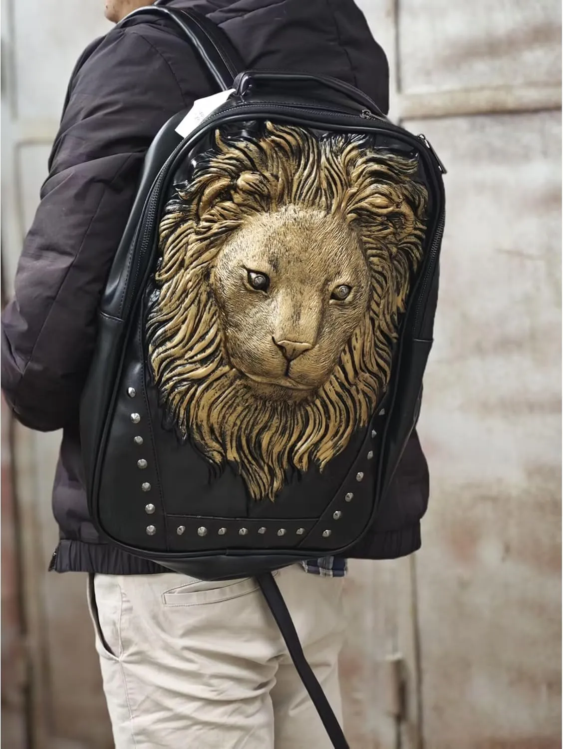 Men Pu Leather Lion Head Backpack Women Fashion Casual Travel Hiking Daypack Laptop Bag Backpacks