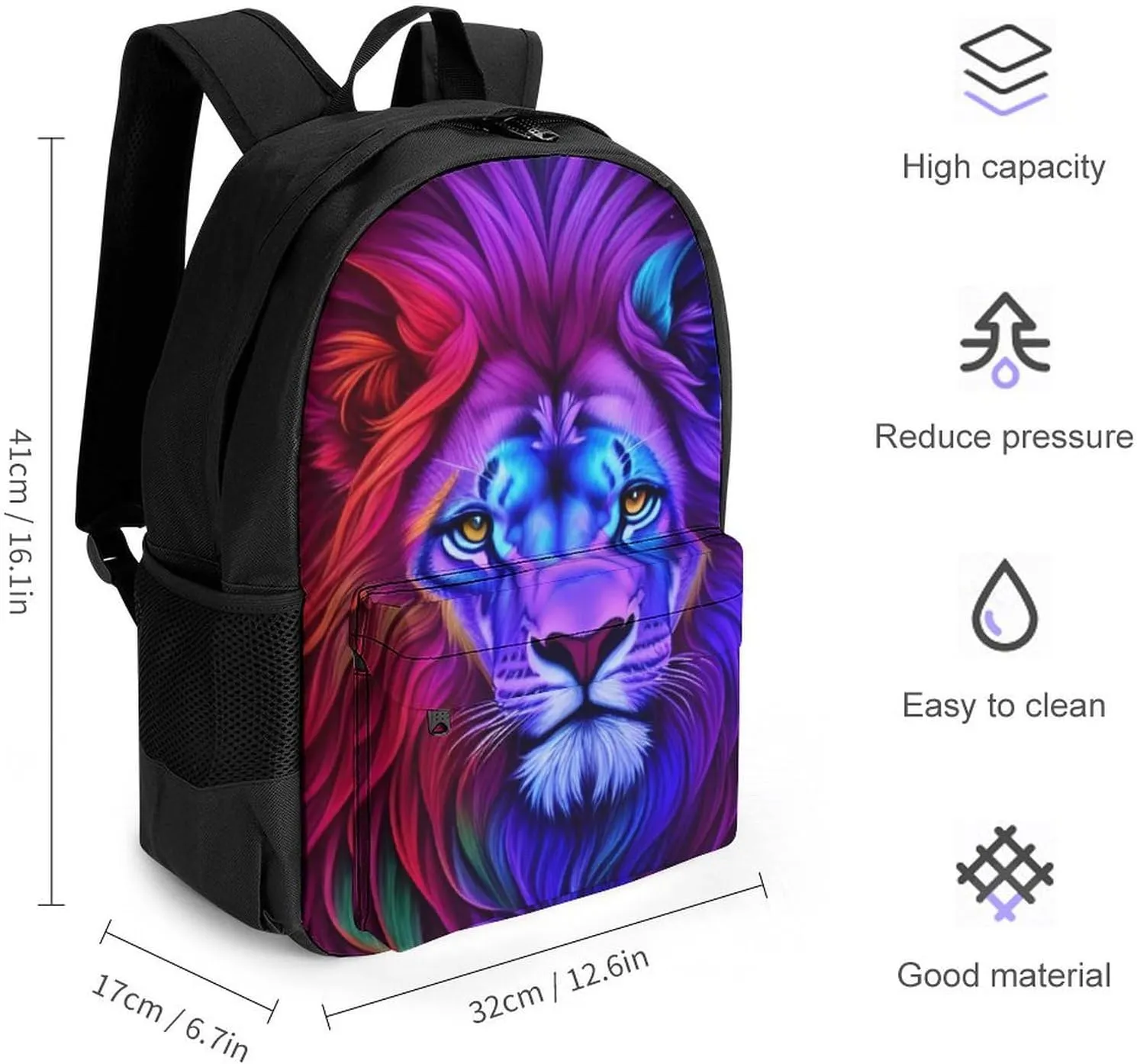 Men Women Lightweight Psychedelic Lion Art Casual Daypack Big Capacity Bookbag With Padded Straps for Gym Travel Walking Cycling