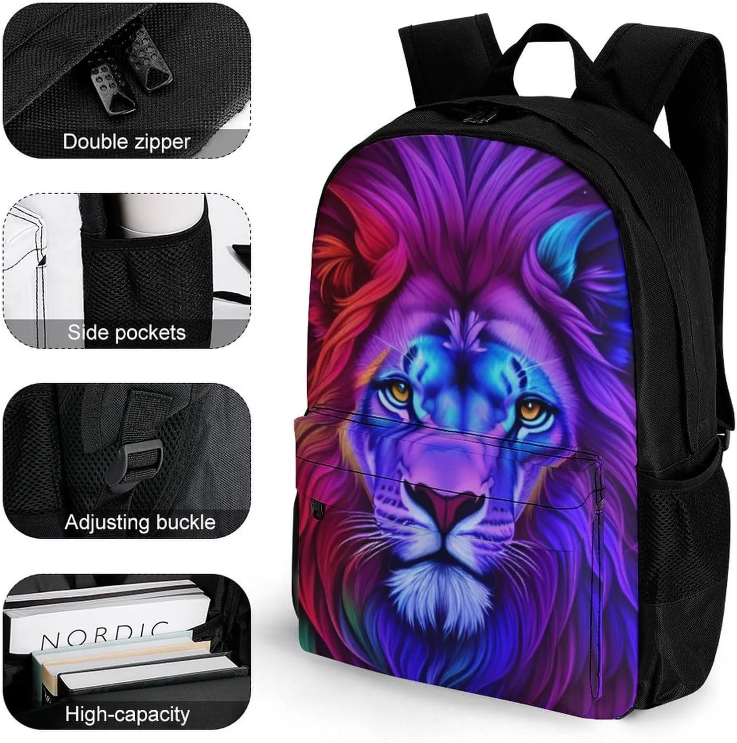 Men Women Lightweight Psychedelic Lion Art Casual Daypack Big Capacity Bookbag With Padded Straps for Gym Travel Walking Cycling