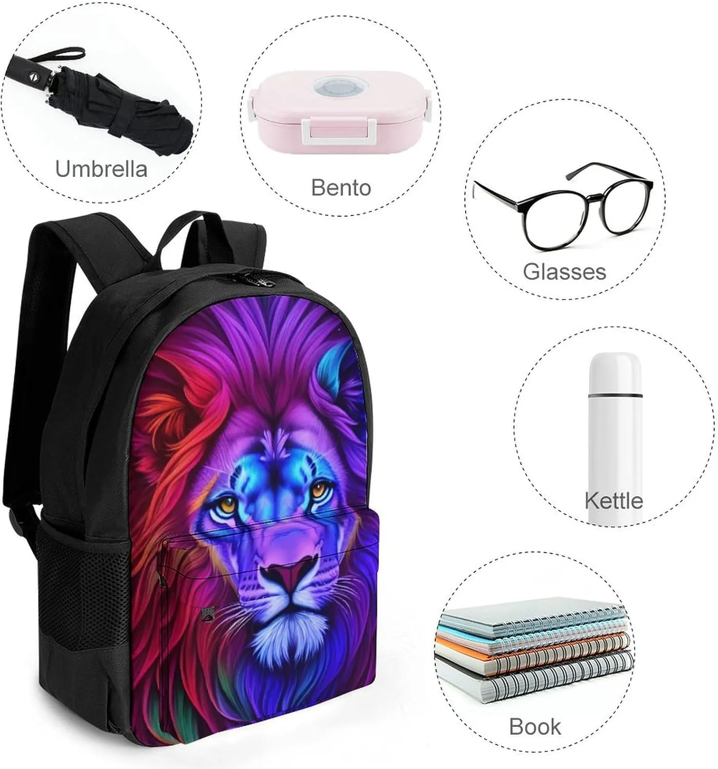 Men Women Lightweight Psychedelic Lion Art Casual Daypack Big Capacity Bookbag With Padded Straps for Gym Travel Walking Cycling