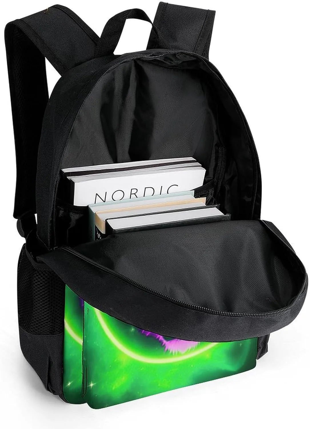 Men Women Lightweight Space Tiger Psychedelic Green Fire Art Casual Daypack Big Capacity Bookbag With Padded Straps for Gym Travel Walking Cycling
