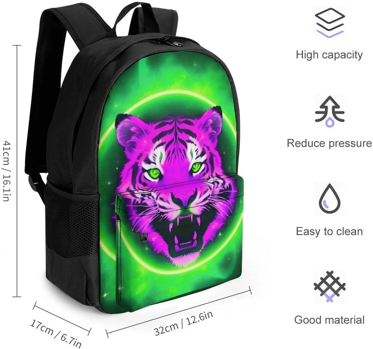 Men Women Lightweight Space Tiger Psychedelic Green Fire Art Casual Daypack Big Capacity Bookbag With Padded Straps for Gym Travel Walking Cycling