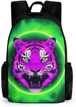 Men Women Lightweight Space Tiger Psychedelic Green Fire Art Casual Daypack Big Capacity Bookbag With Padded Straps for Gym Travel Walking Cycling