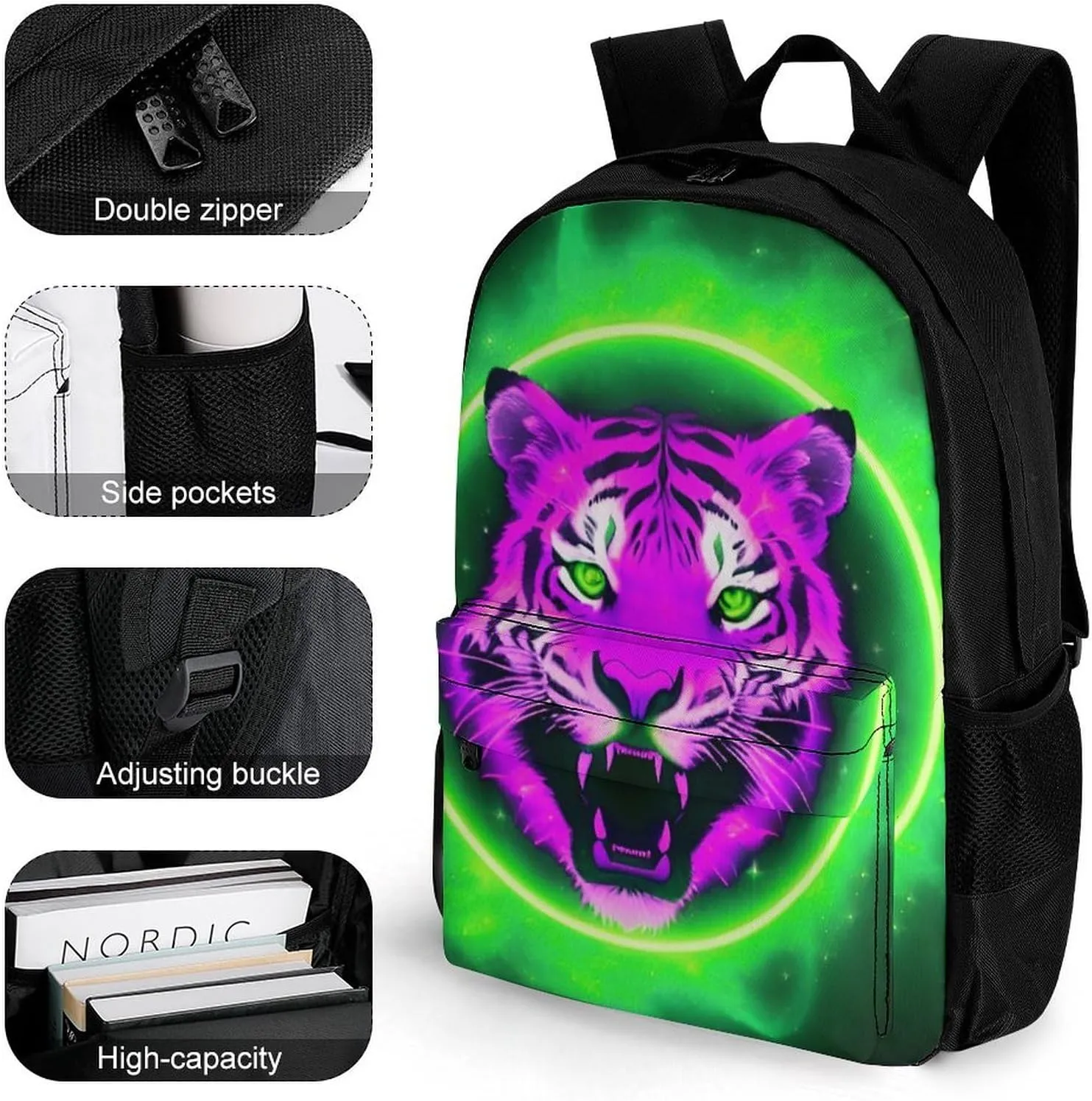 Men Women Lightweight Space Tiger Psychedelic Green Fire Art Casual Daypack Big Capacity Bookbag With Padded Straps for Gym Travel Walking Cycling