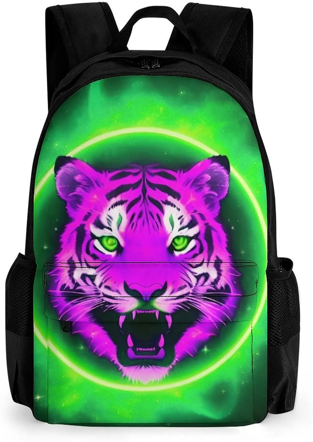 Men Women Lightweight Space Tiger Psychedelic Green Fire Art Casual Daypack Big Capacity Bookbag With Padded Straps for Gym Travel Walking Cycling