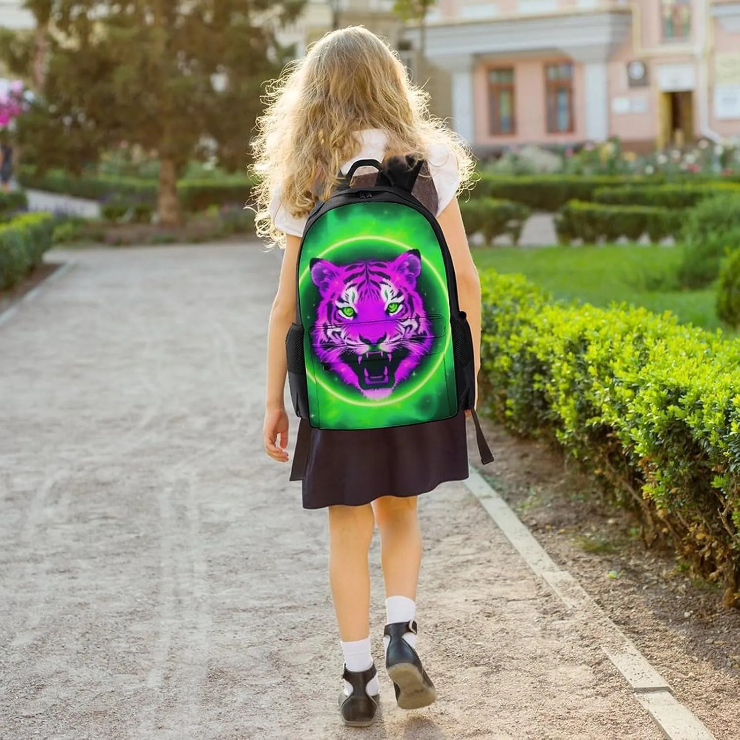 Men Women Lightweight Space Tiger Psychedelic Green Fire Art Casual Daypack Big Capacity Bookbag With Padded Straps for Gym Travel Walking Cycling