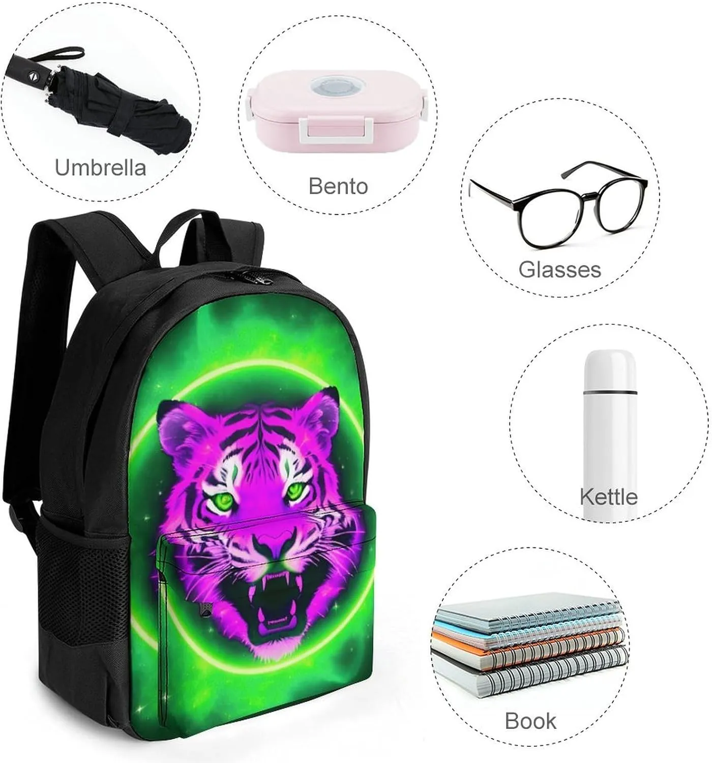 Men Women Lightweight Space Tiger Psychedelic Green Fire Art Casual Daypack Big Capacity Bookbag With Padded Straps for Gym Travel Walking Cycling