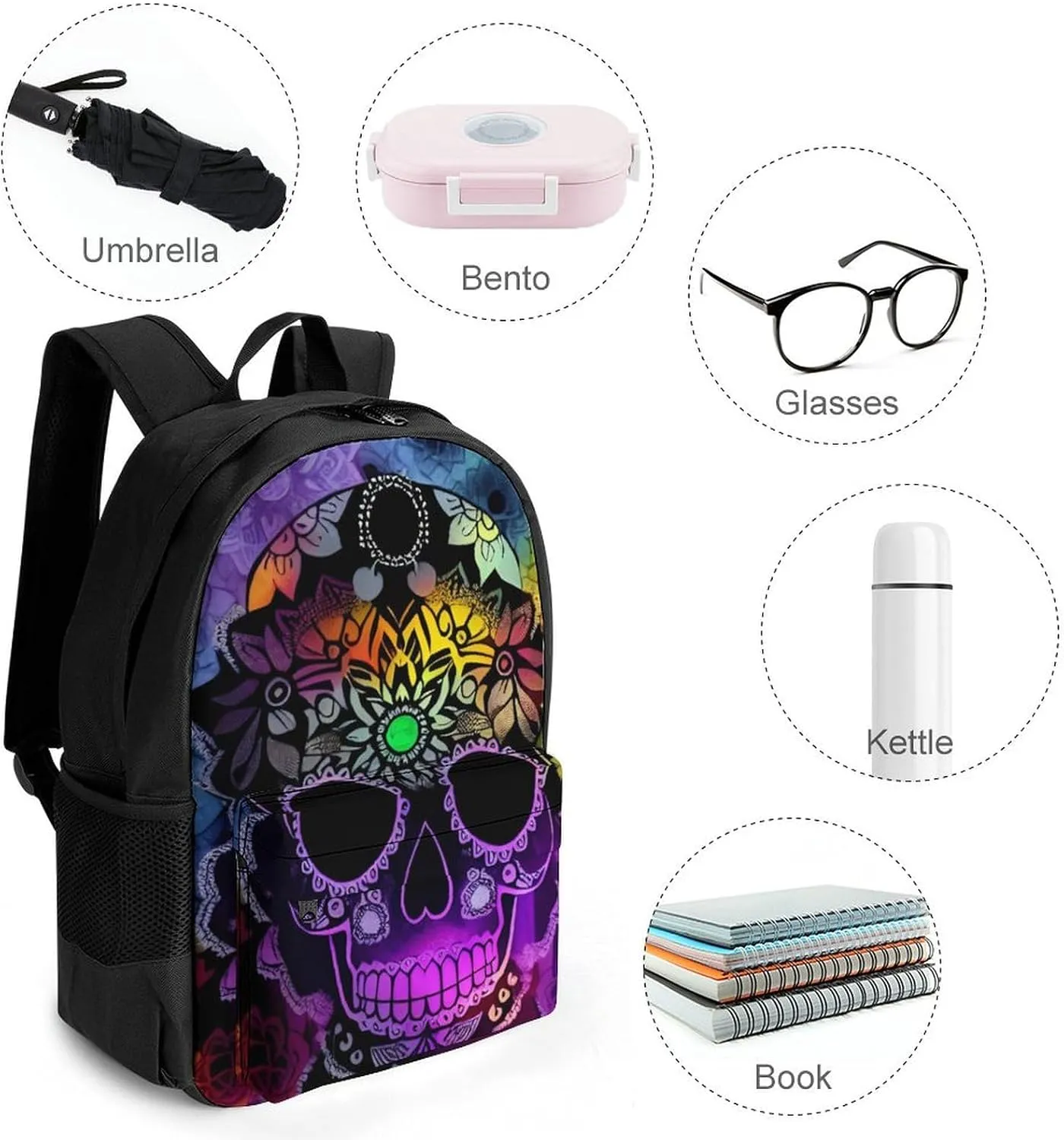 Men Women Polyester Indain Mandala Sugar Skull Art Daypack Bookbag Big Capacity Shoulder Bag With Padded Straps for Climbing Travel Walking Cycling