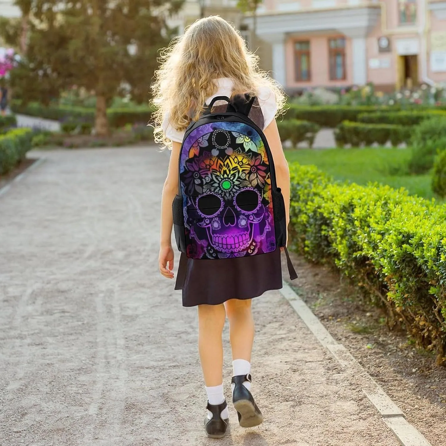 Men Women Polyester Indain Mandala Sugar Skull Art Daypack Bookbag Big Capacity Shoulder Bag With Padded Straps for Climbing Travel Walking Cycling