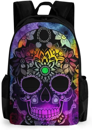 Men Women Polyester Indain Mandala Sugar Skull Art Daypack Bookbag Big Capacity Shoulder Bag With Padded Straps for Climbing Travel Walking Cycling
