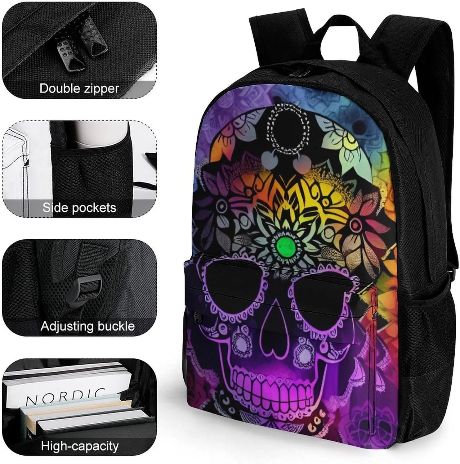 Men Women Polyester Indain Mandala Sugar Skull Art Daypack Bookbag Big Capacity Shoulder Bag With Padded Straps for Climbing Travel Walking Cycling
