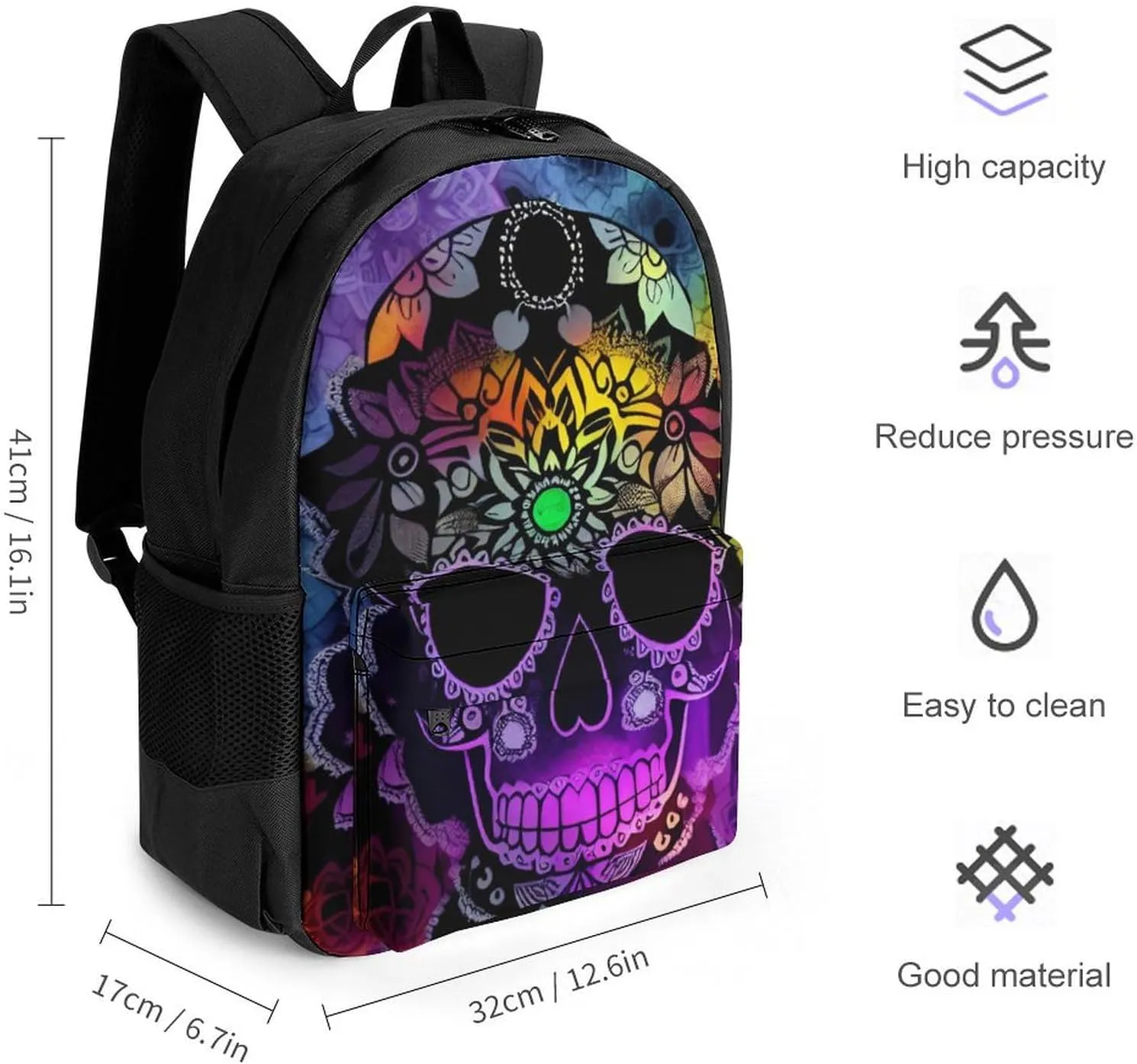 Men Women Polyester Indain Mandala Sugar Skull Art Daypack Bookbag Big Capacity Shoulder Bag With Padded Straps for Climbing Travel Walking Cycling