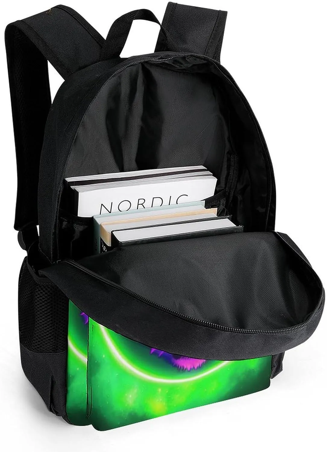 Men Women Polyester Space Tiger Psychedelic Green Fire Art Daypack Bookbag Big Capacity Shoulder Bag With Padded Straps for Climbing Travel Walking Cycling