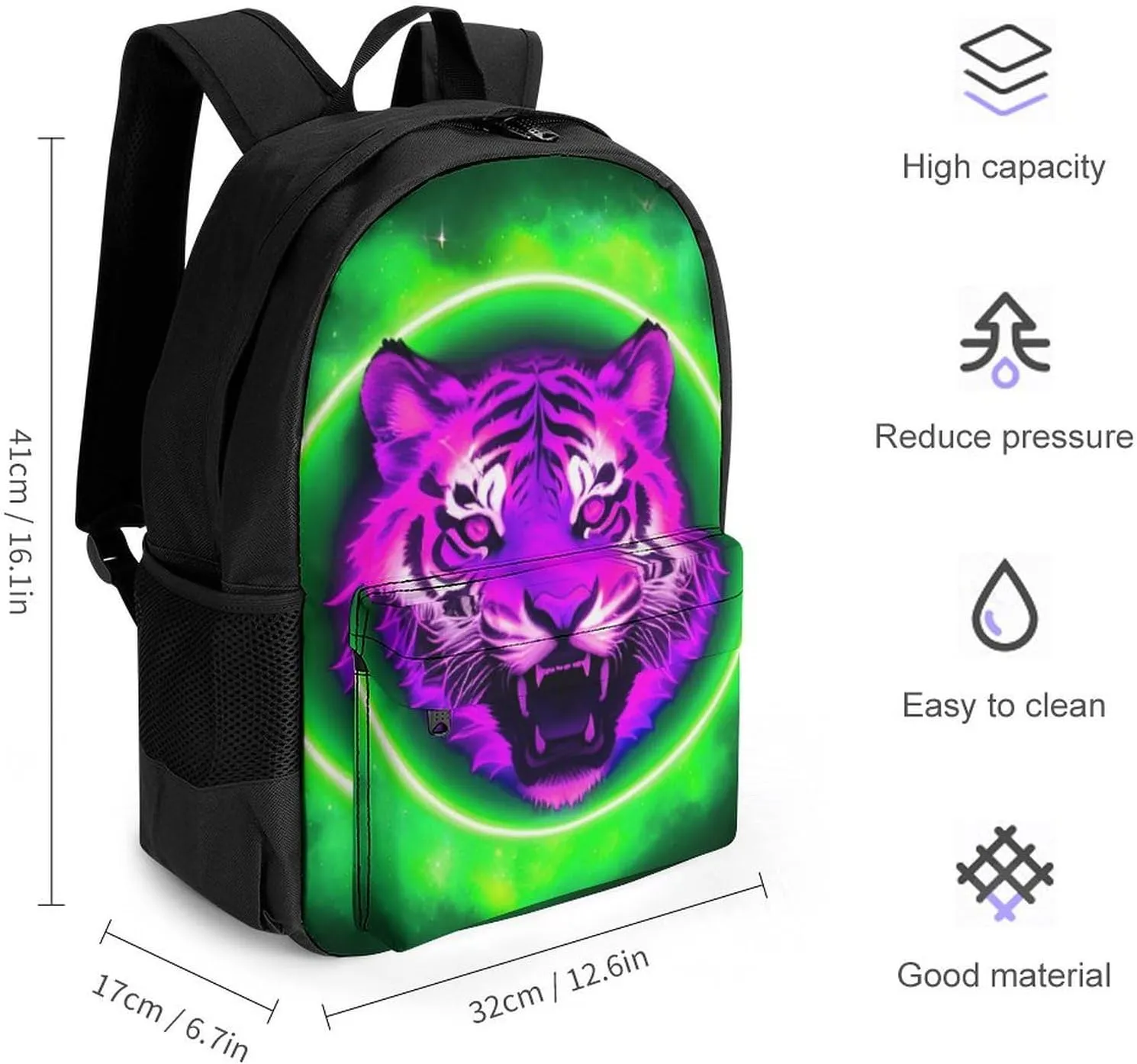 Men Women Polyester Space Tiger Psychedelic Green Fire Art Daypack Bookbag Big Capacity Shoulder Bag With Padded Straps for Climbing Travel Walking Cycling