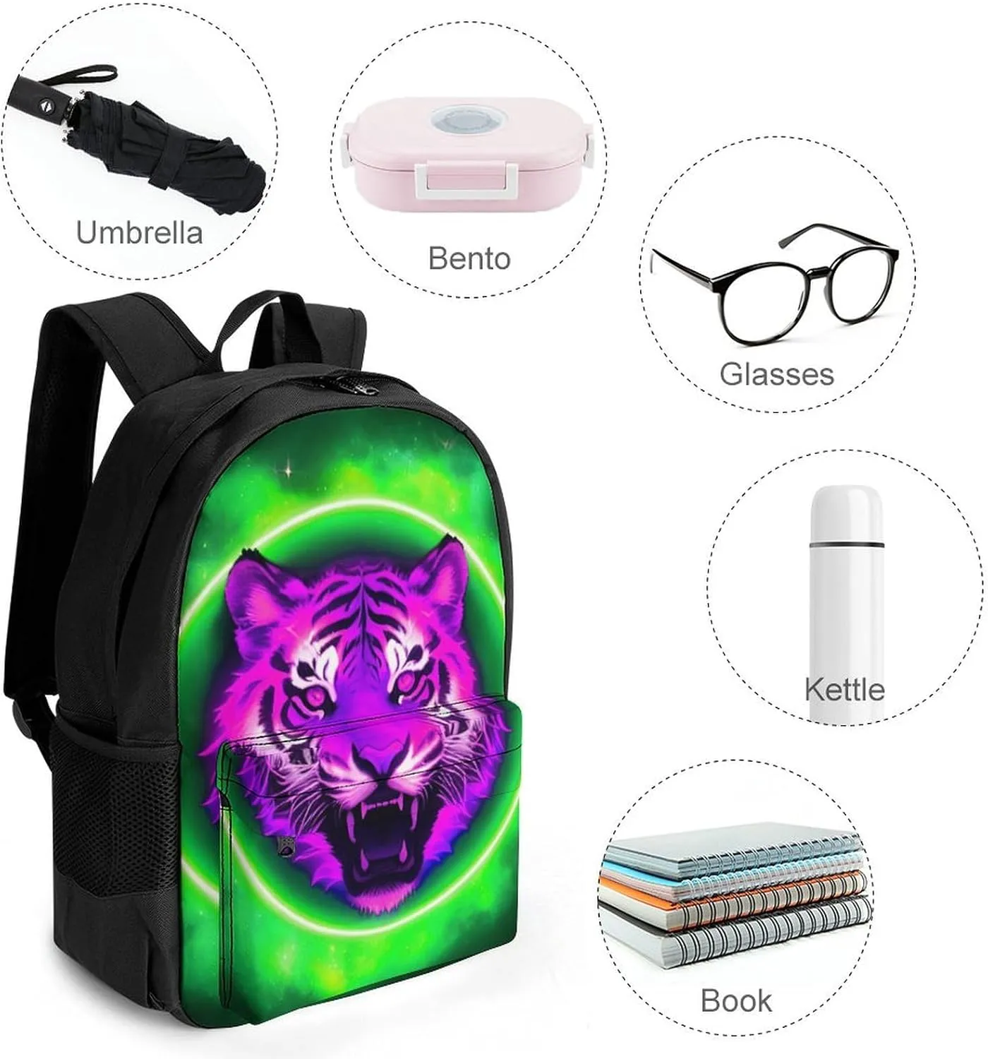 Men Women Polyester Space Tiger Psychedelic Green Fire Art Daypack Bookbag Big Capacity Shoulder Bag With Padded Straps for Climbing Travel Walking Cycling