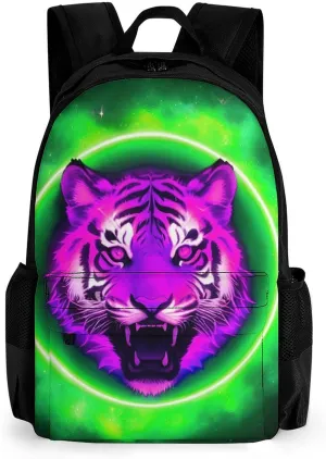 Men Women Polyester Space Tiger Psychedelic Green Fire Art Daypack Bookbag Big Capacity Shoulder Bag With Padded Straps for Climbing Travel Walking Cycling