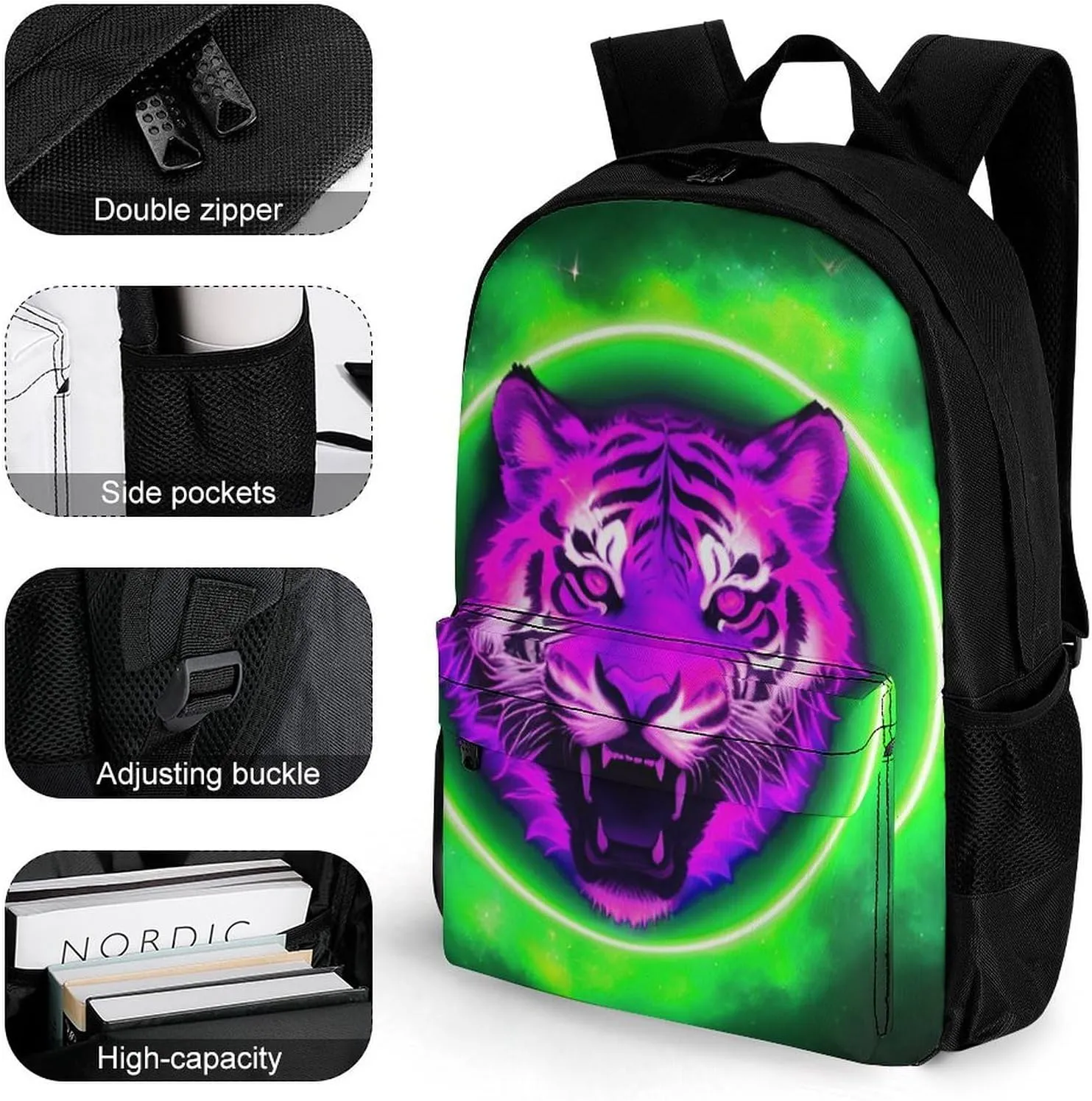 Men Women Polyester Space Tiger Psychedelic Green Fire Art Daypack Bookbag Big Capacity Shoulder Bag With Padded Straps for Climbing Travel Walking Cycling