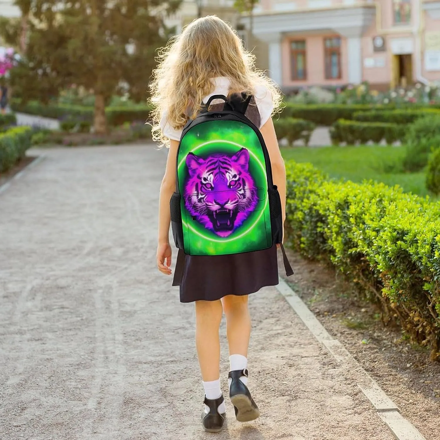 Men Women Polyester Space Tiger Psychedelic Green Fire Art Daypack Bookbag Big Capacity Shoulder Bag With Padded Straps for Climbing Travel Walking Cycling