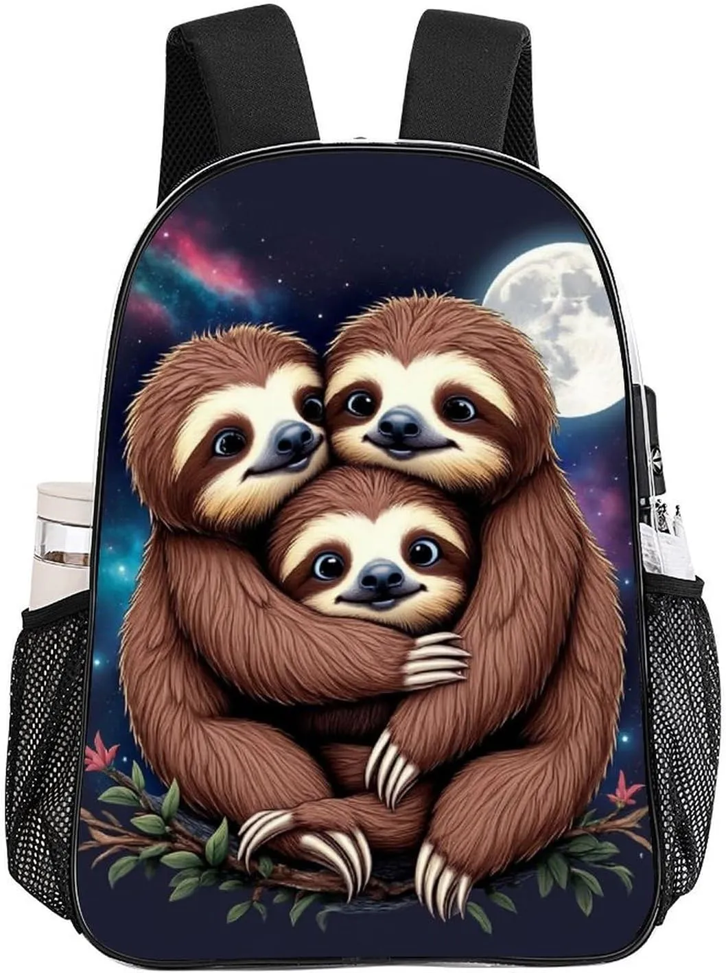 Men Women Transparent Full Moon Space Sloth Family Daypack Bookbag Big Capacity Shoulder Bag With Padded Straps for Climbing Travel Walking Cycling