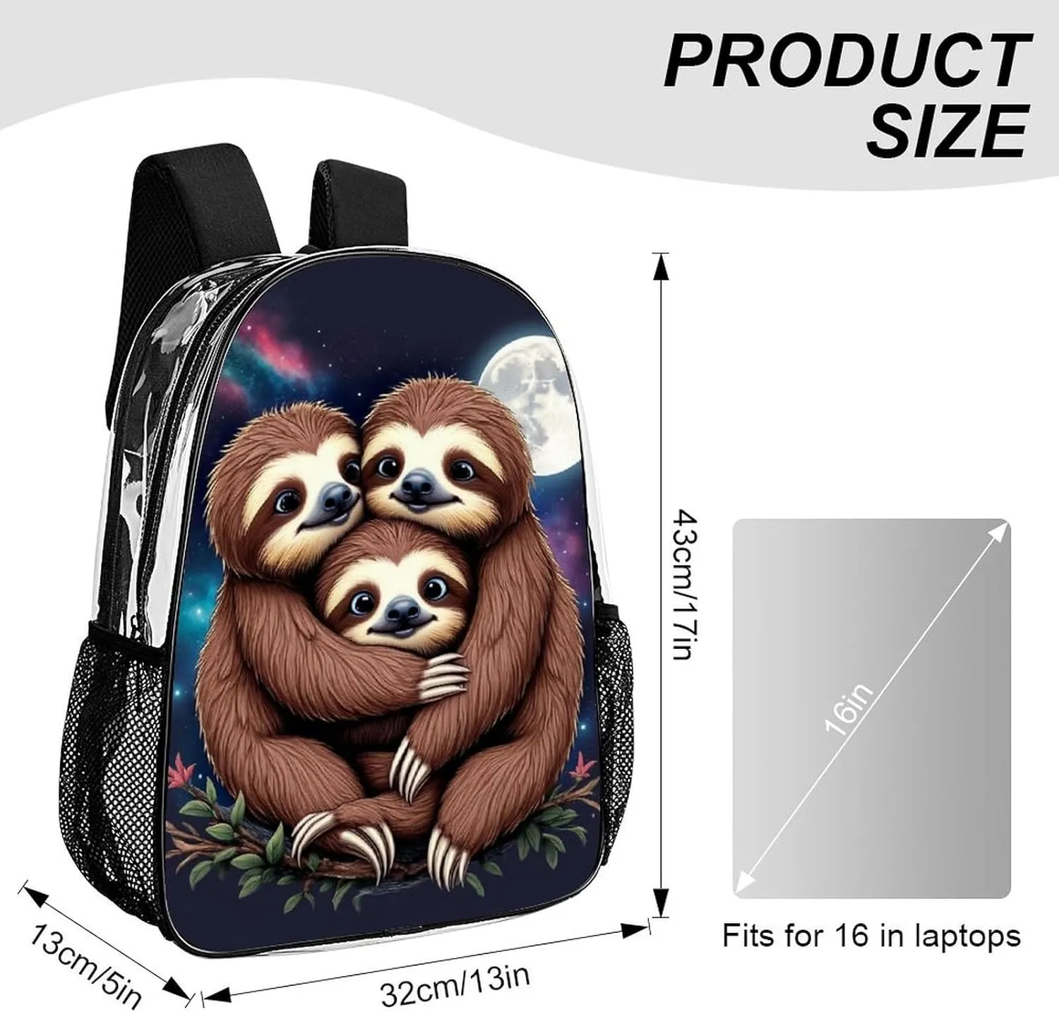 Men Women Transparent Full Moon Space Sloth Family Daypack Bookbag Big Capacity Shoulder Bag With Padded Straps for Climbing Travel Walking Cycling
