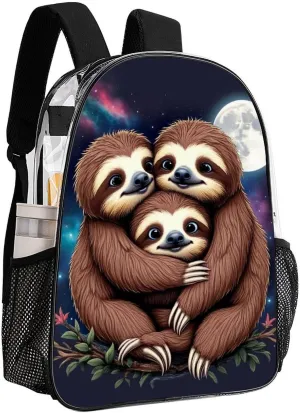 Men Women Transparent Full Moon Space Sloth Family Daypack Bookbag Big Capacity Shoulder Bag With Padded Straps for Climbing Travel Walking Cycling