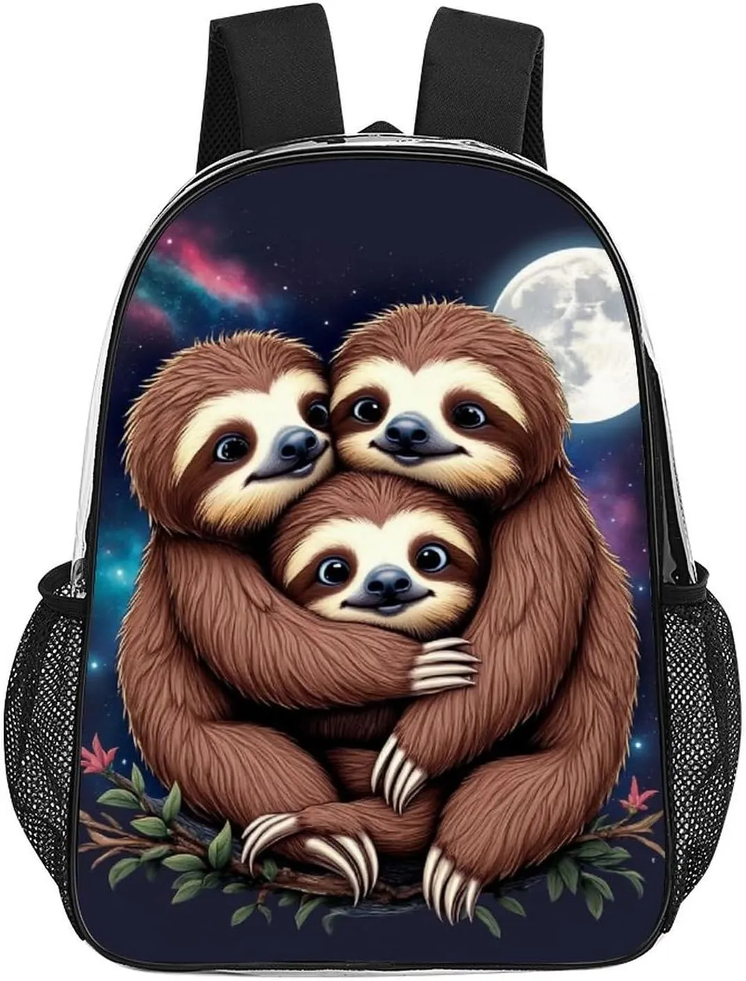 Men Women Transparent Full Moon Space Sloth Family Daypack Bookbag Big Capacity Shoulder Bag With Padded Straps for Climbing Travel Walking Cycling