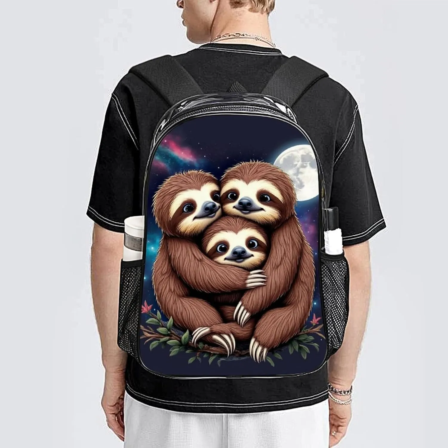 Men Women Transparent Full Moon Space Sloth Family Daypack Bookbag Big Capacity Shoulder Bag With Padded Straps for Climbing Travel Walking Cycling