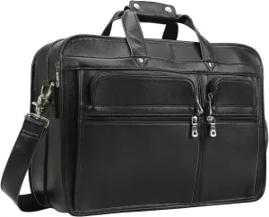 Men's Full Grain Leather Briefcase Large 17 Inch Business Travel Laptop Messenger Bag Tote with YKK Metal Zippers