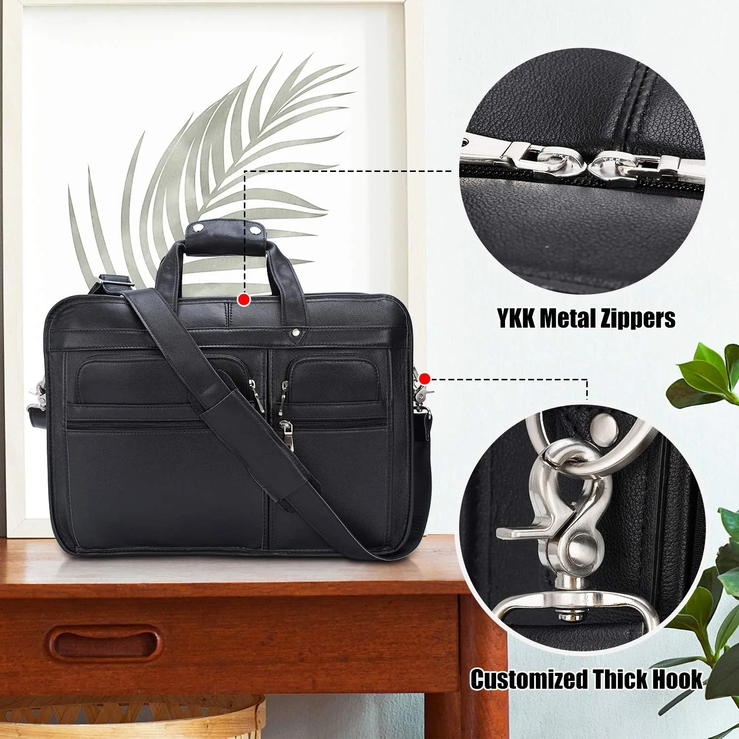 Men's Full Grain Leather Briefcase Large 17 Inch Business Travel Laptop Messenger Bag Tote with YKK Metal Zippers