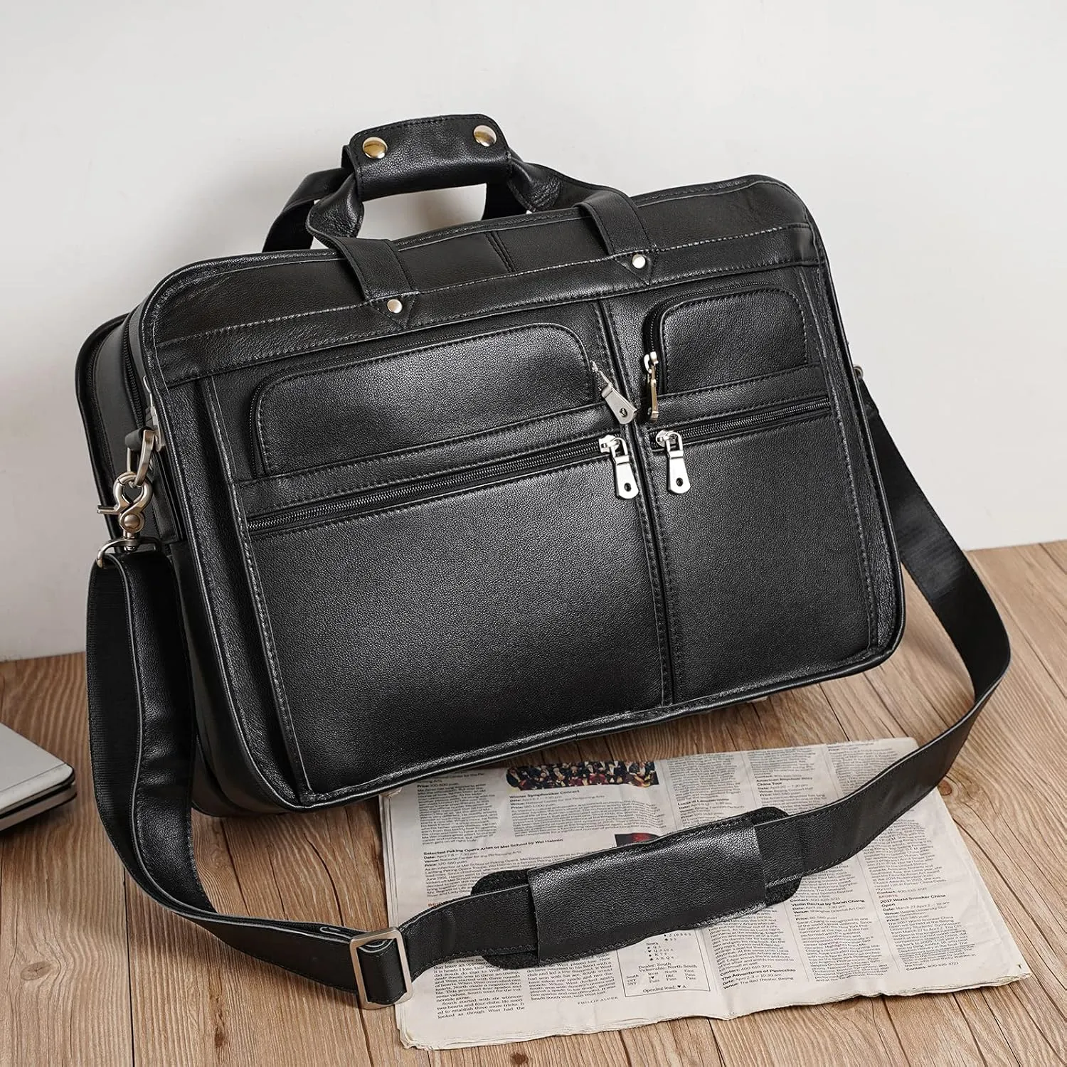 Men's Full Grain Leather Briefcase Large 17 Inch Business Travel Laptop Messenger Bag Tote with YKK Metal Zippers