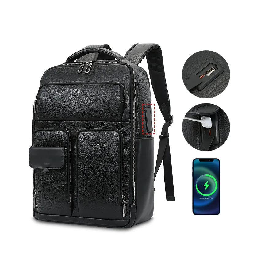 Men's Modern Leather Laptop Backpack with USB Charging Port