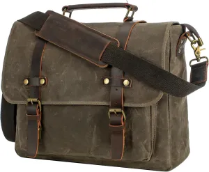 Men's Vintage Leather Messenger Bag 15.6 inch Laptop Briefcase, Waxed Canvas & Genuine Leather, Business Shoulder Satchel