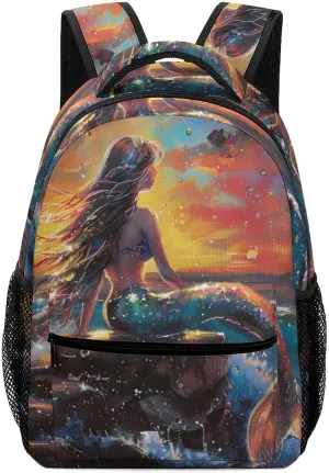 Mermaid Waves Reef Sunset Cute Backpack Casual Funny Printing Basic Shoulder Bag for Men Women Travel Picnic