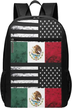 Mexican American Flag Casual Backpacks Sports Backpack Large Capacity Travel Rucksack Laptop Daypack with Multi-Pockets Adjustable Strap Work Bag for Hiking