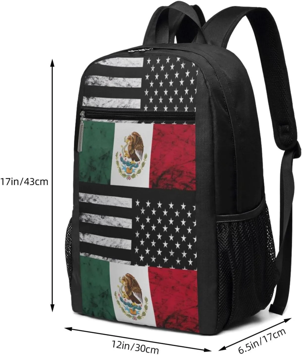 Mexican American Flag Casual Backpacks Sports Backpack Large Capacity Travel Rucksack Laptop Daypack with Multi-Pockets Adjustable Strap Work Bag for Hiking