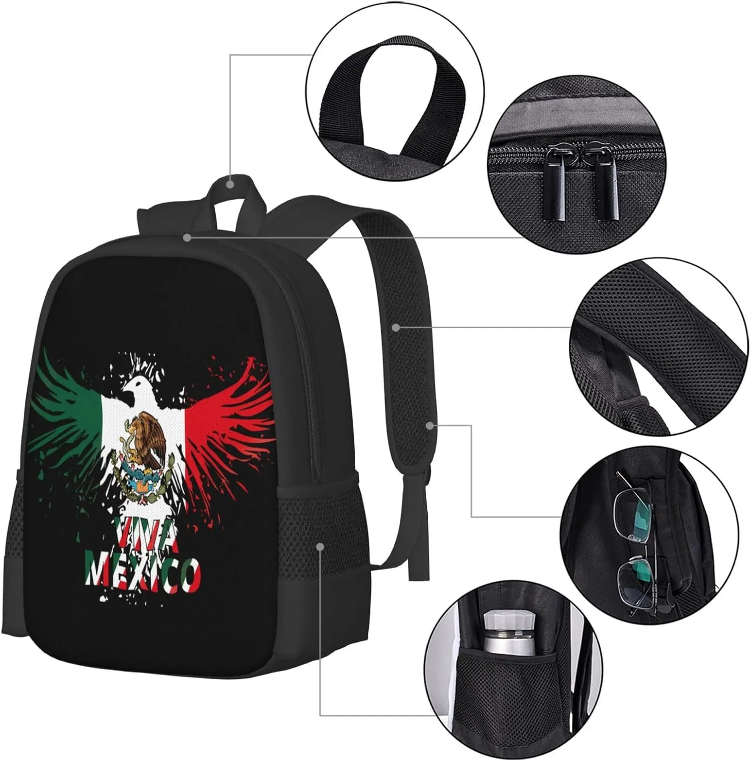 Mexico Eagle Mexican MX National Flags Casual Backpacks Large Capacity Backpack Laptop Rucksack Sport Daypack Commuter Bags with Adjustable Strap for Traveling Camping
