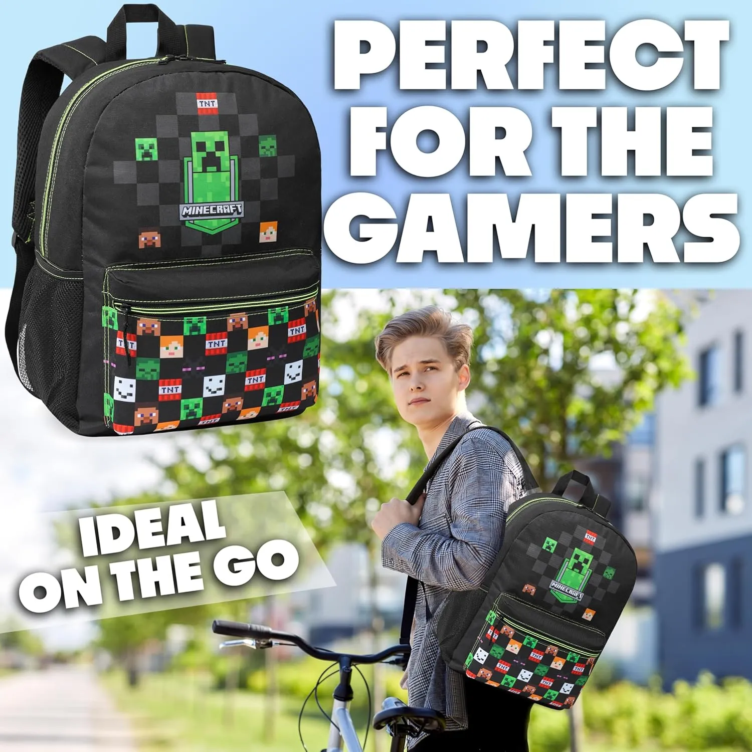 Minecraft Kids School Backpack with Zipped Front Pocket for Sports, Gym, Travel - Gamer Gifts (Black)
