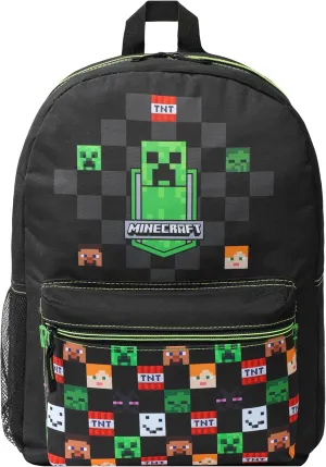 Minecraft Kids School Backpack with Zipped Front Pocket for Sports, Gym, Travel - Gamer Gifts (Black)