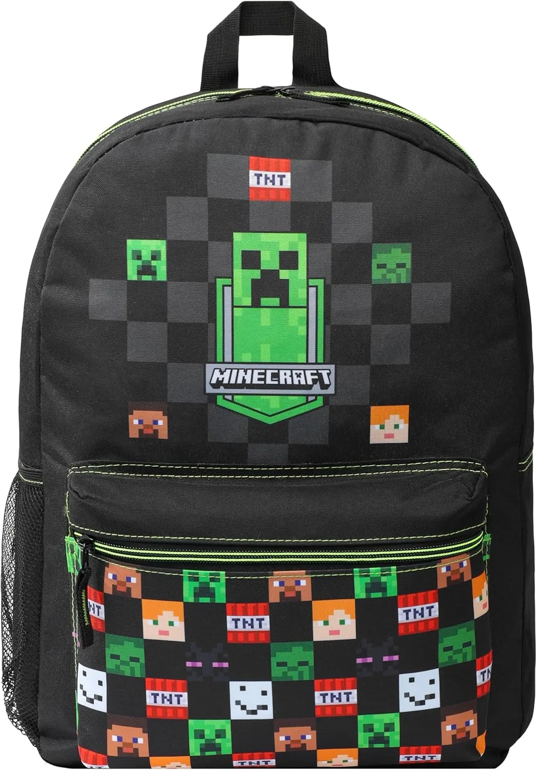 Minecraft Kids School Backpack with Zipped Front Pocket for Sports, Gym, Travel - Gamer Gifts (Black)