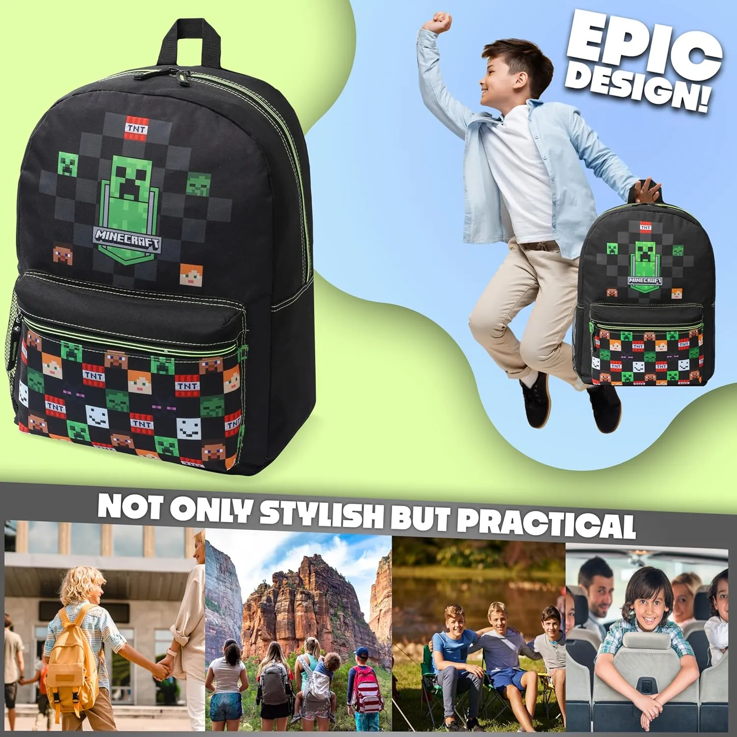 Minecraft Kids School Backpack with Zipped Front Pocket for Sports, Gym, Travel - Gamer Gifts (Black)