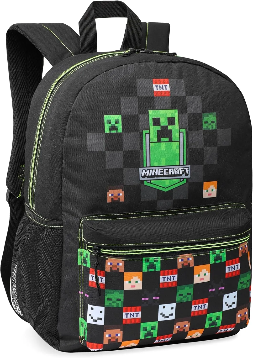 Minecraft Kids School Backpack with Zipped Front Pocket for Sports, Gym, Travel - Gamer Gifts (Black)