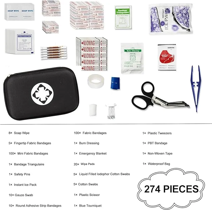 Mini-Car First Aid Kit-Emergency Kit-Camping Essentials - First Aid Survival Kit with Emergency Blanket Scissors, Suitable for Home Travel Hiking Hunting Adventures 274Piece(Black) YIDERBO