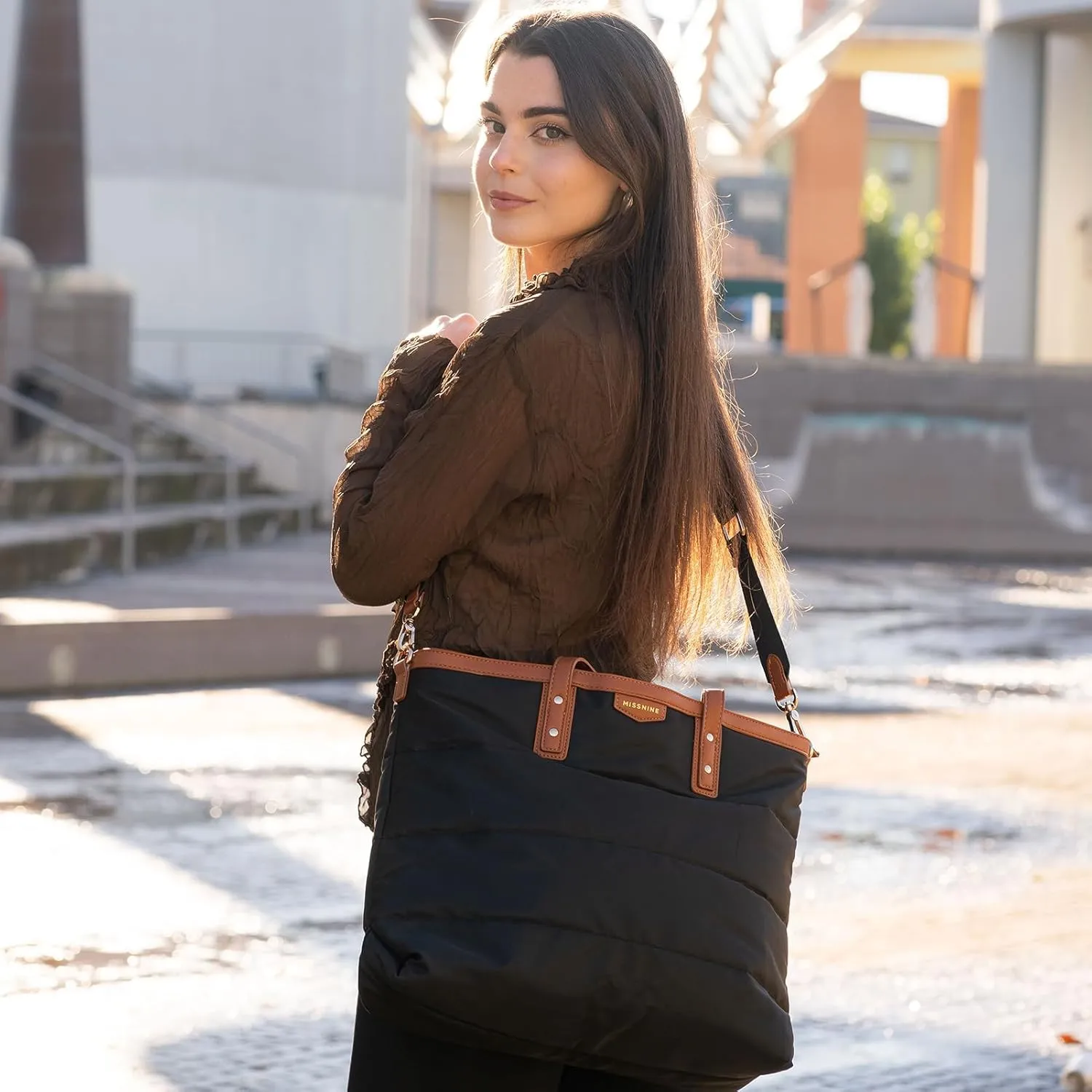 Missnine Tote Bag for Women Puffy Quilted Tote Bag with Zipper Nylon Laptop Shoulder Bag Top Handle Handbag for Work