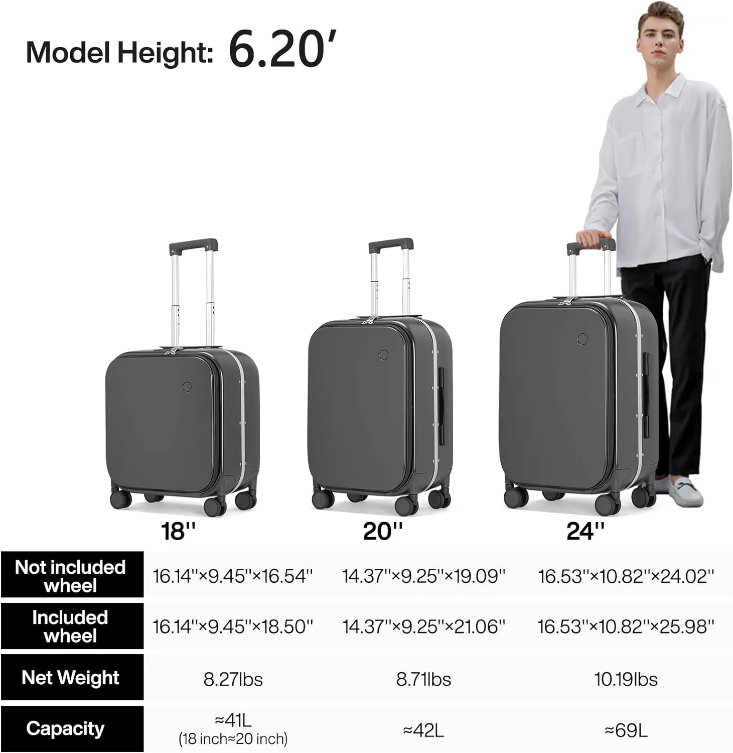 mixi Carry On Luggage, 20'' Suitcase with Front Laptop Pocket, Travel Rolling Luggage Aluminum Frame PC Hardside with Spinner Wheels & TSA Lock and Cover - Rock Gray