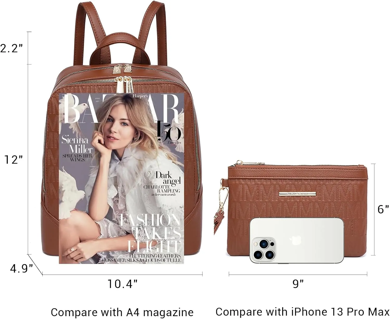 MKP Women's Fashion Medium Backpack Purse Set - 2Pcs PU Leather Shoulder Bag with Double Zipper for Travel and Daily Use