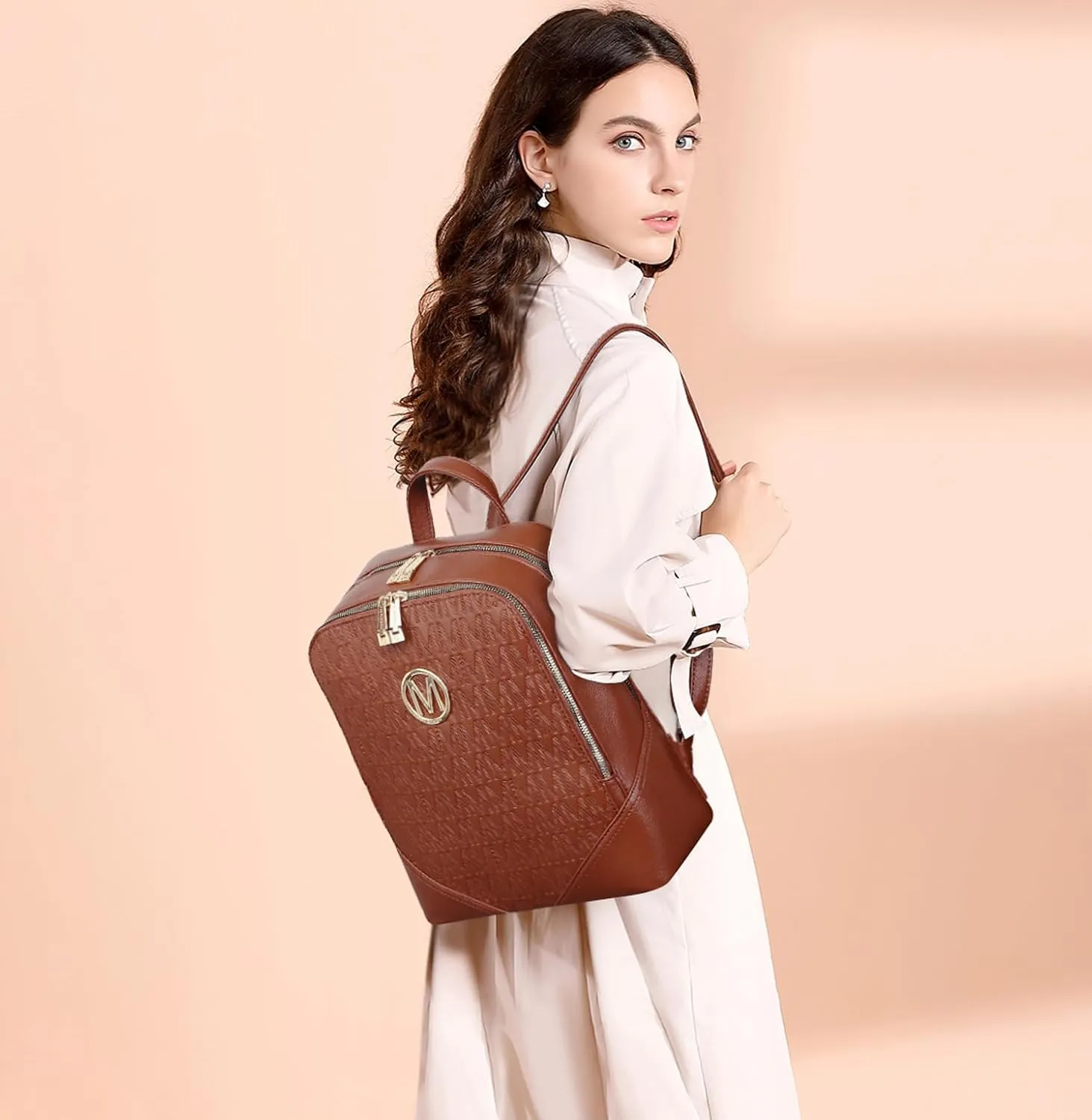 MKP Women's Fashion Medium Backpack Purse Set - 2Pcs PU Leather Shoulder Bag with Double Zipper for Travel and Daily Use